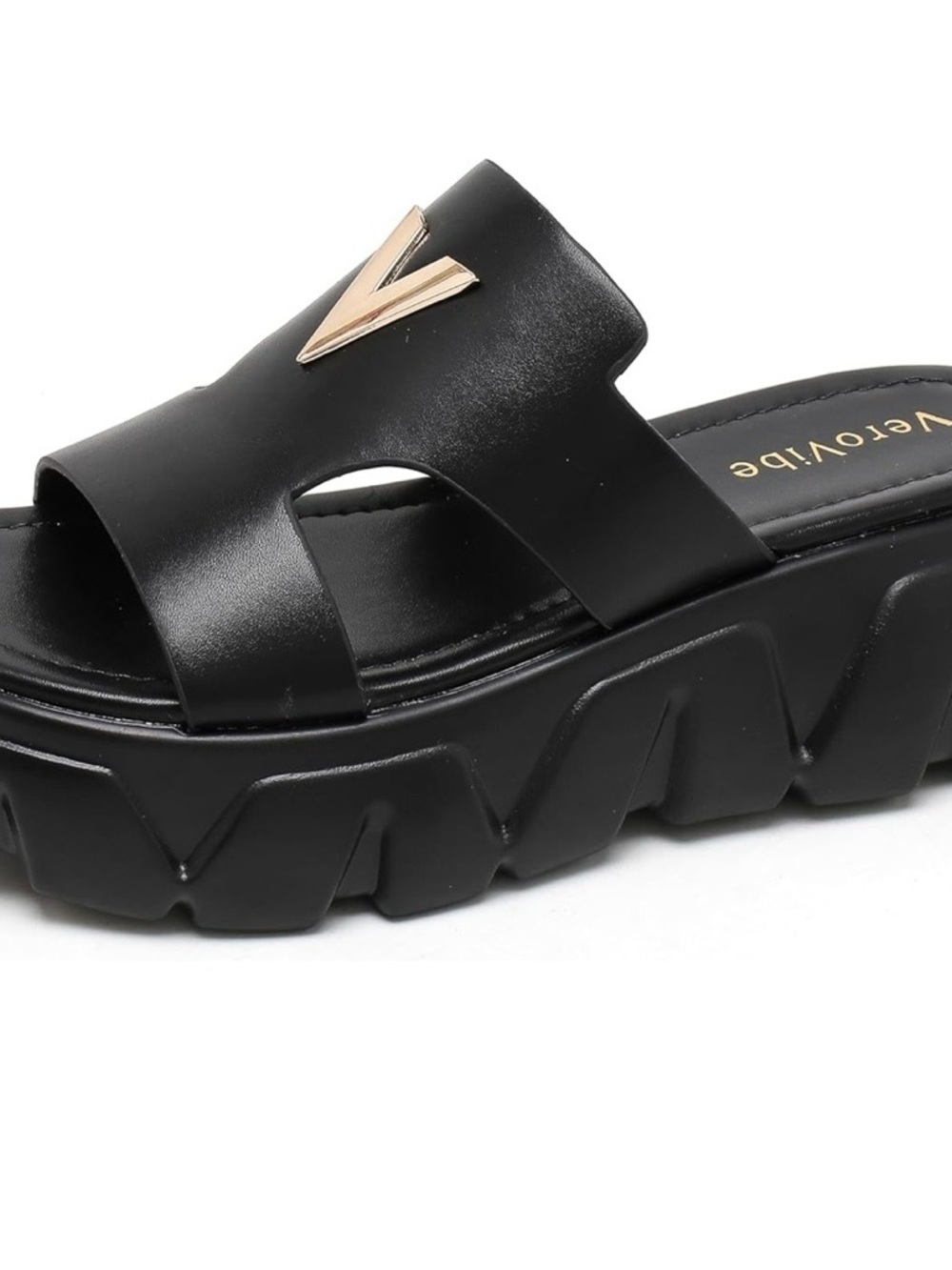 Black Platform Slide Mules with Gold V Accent